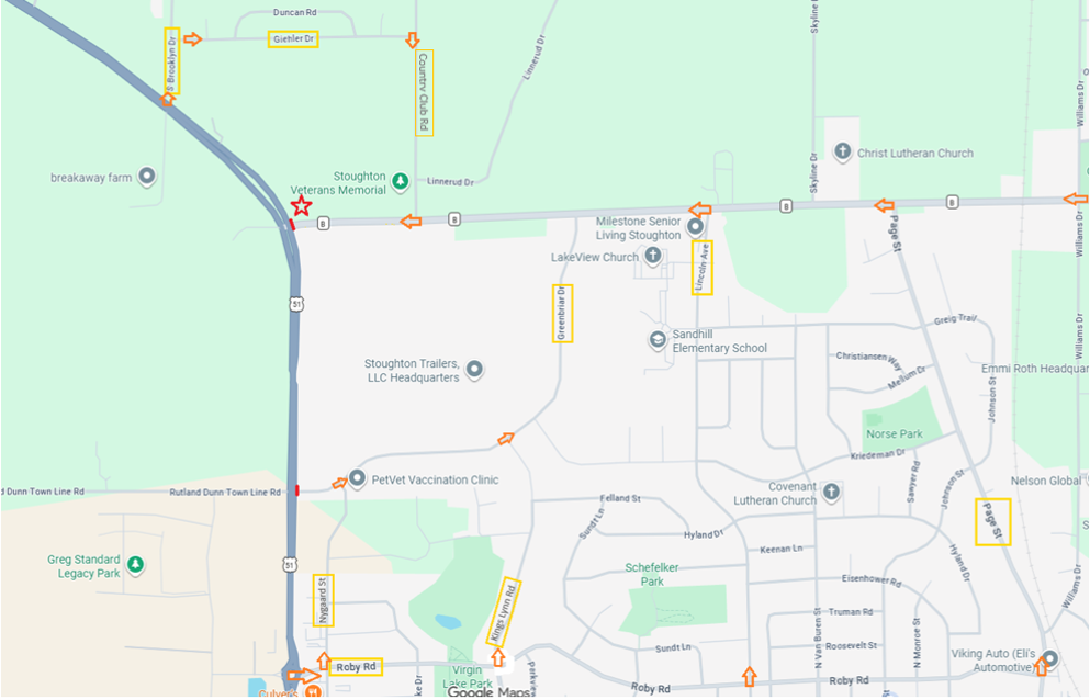 Map showing the routes to get to Stoughton Health's Community Health & Wellness Center