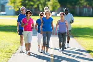 group of people walking on a path on a sunny day